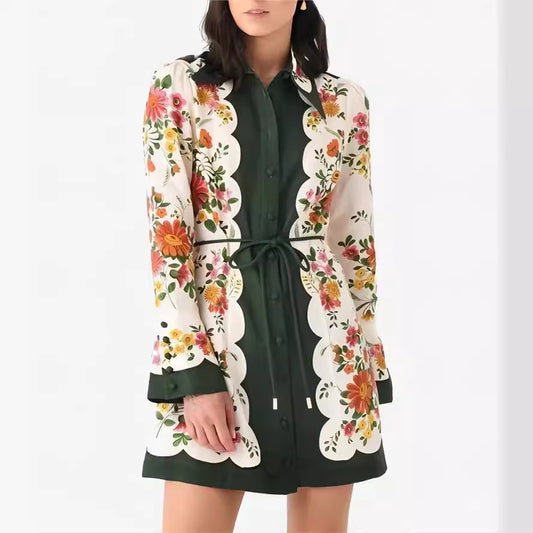 Floral print Long Sleeve Lace-up Dress